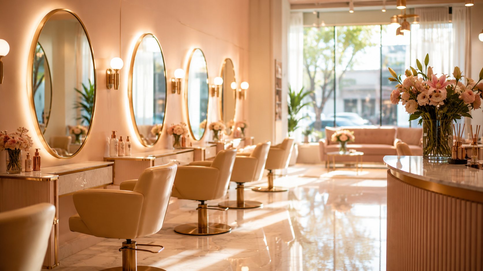 The elegant interior of Kerrie's Salons with styling chairs and soft lighting
