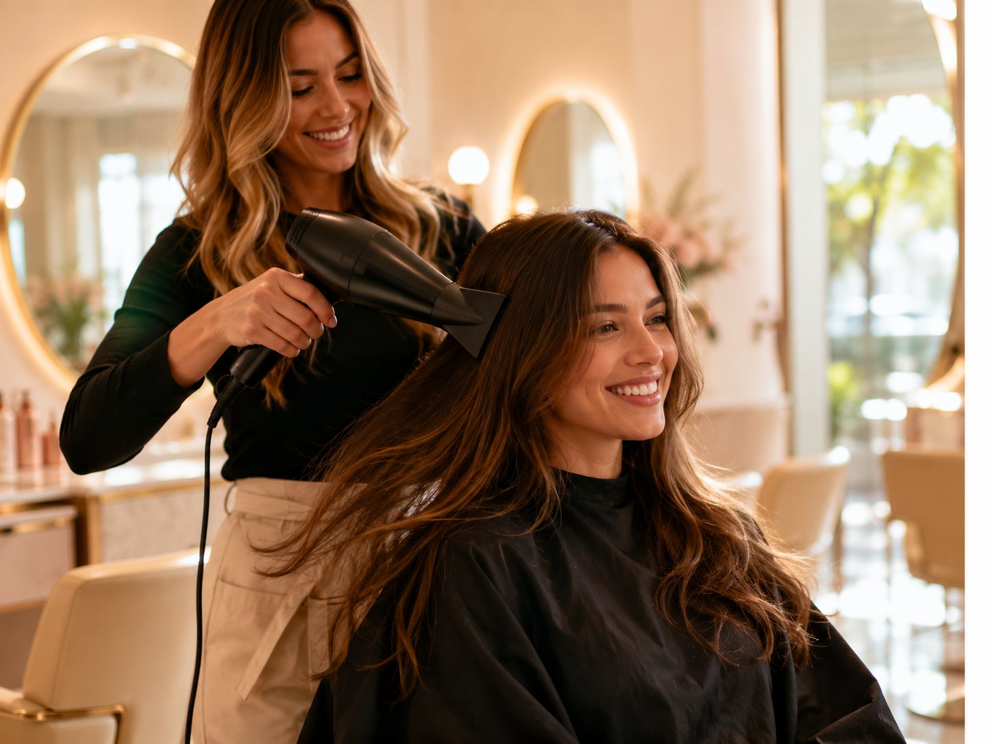 A stylist blow-drying a client's hair at Kerrie's Salons